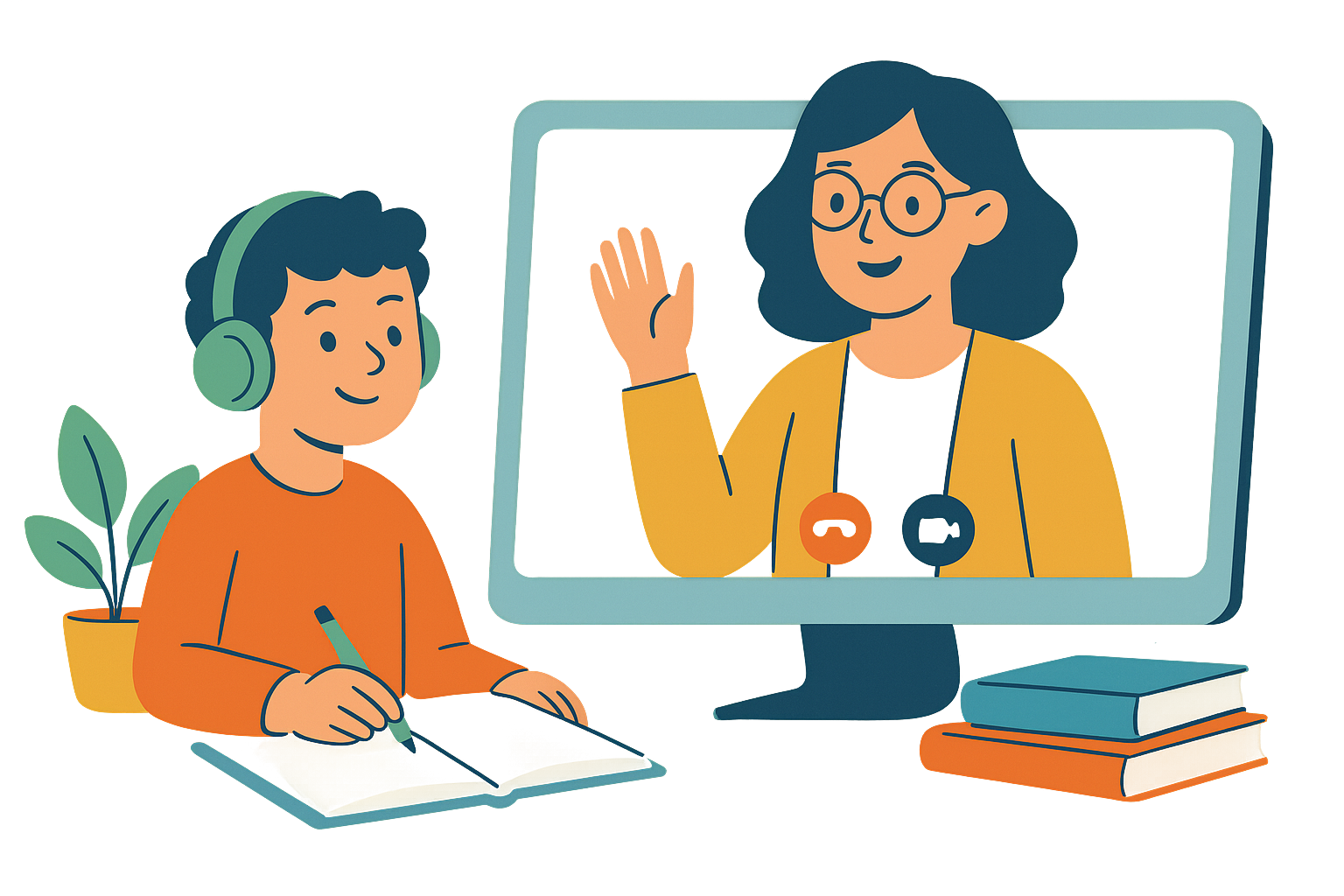 A teacher waving on screen while a young student takes notes