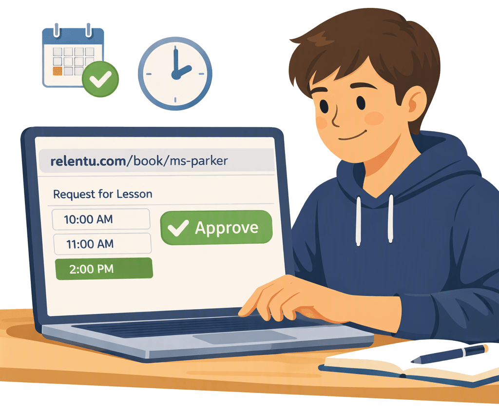 A teacher shares one booking link, and an open time is picked from it