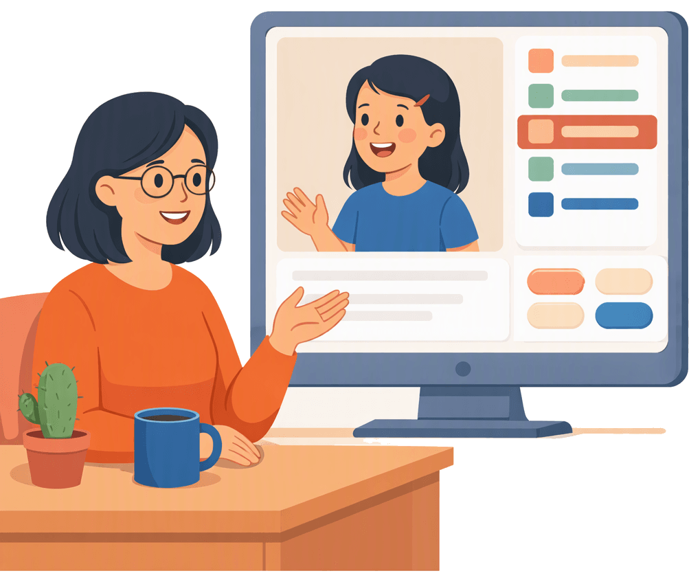 A teacher gestures toward a screen where her student appears on video beside the lesson plan