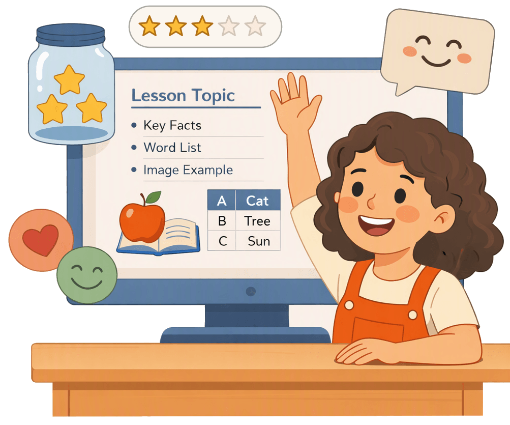 A child raises her hand during a lesson, with a star jar filling beside the screen
