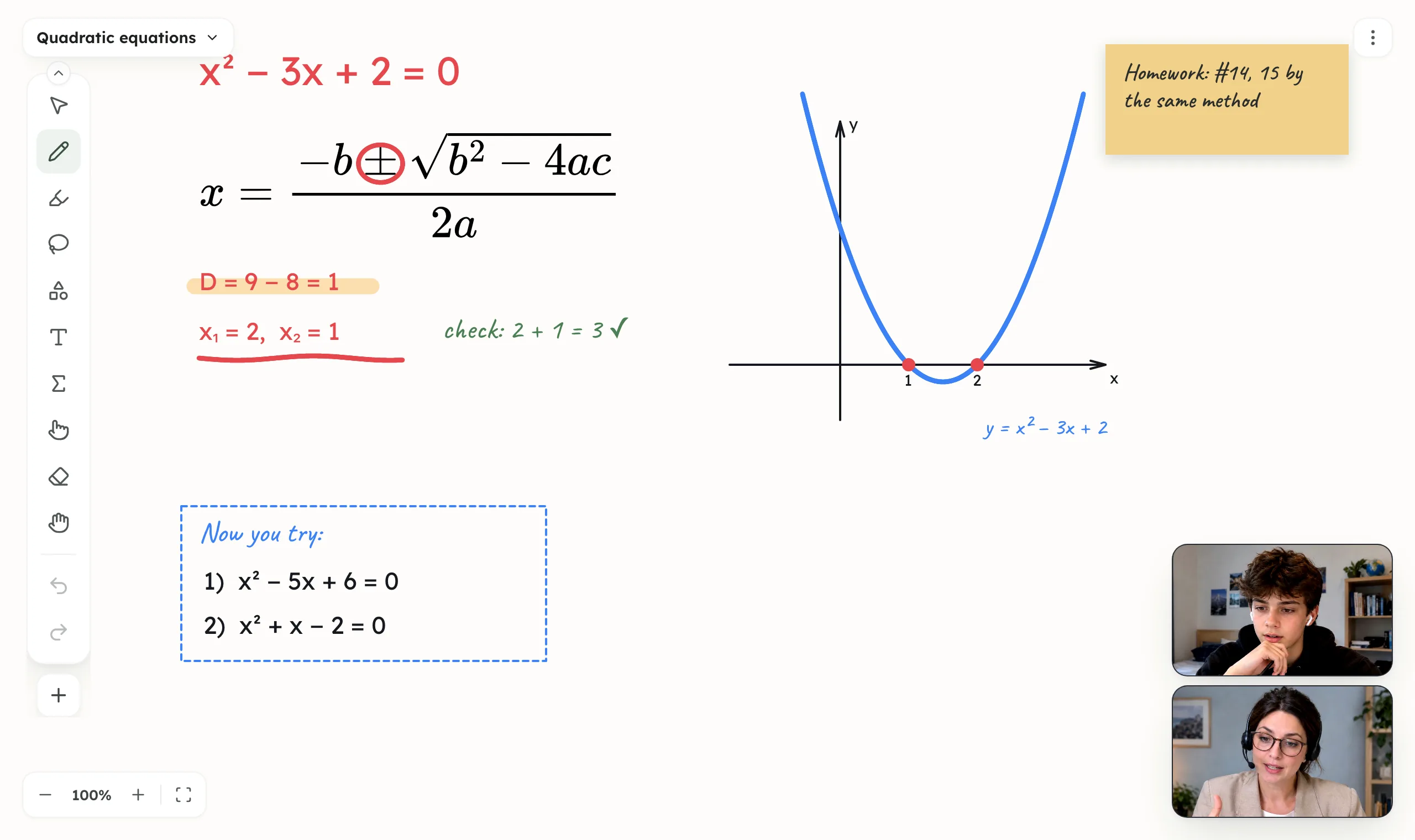 The board inside the class: a typeset formula, the solution written in ink beside it, a sticky note with homework, and the two video tiles in the corner