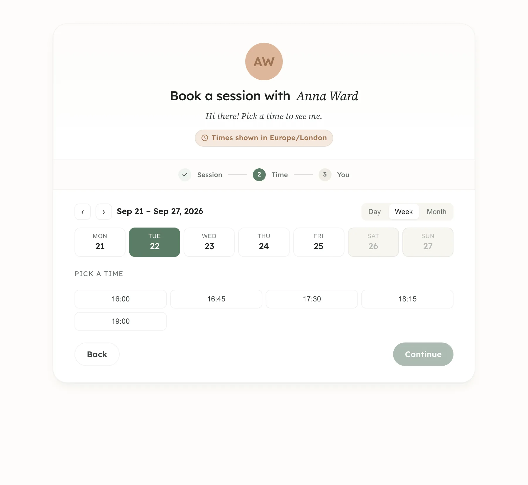 The public booking page: the student picks a time and leaves an e-mail, no registration needed