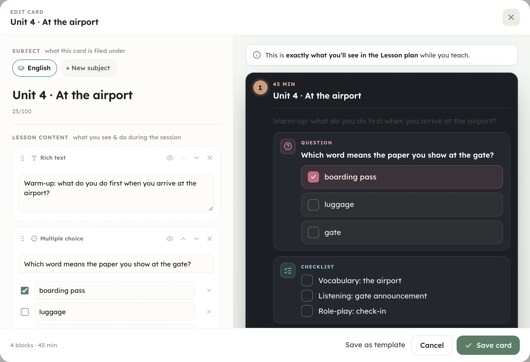 The card editor: a lesson card built from blocks (text, a multiple-choice question, a checklist and a timer)