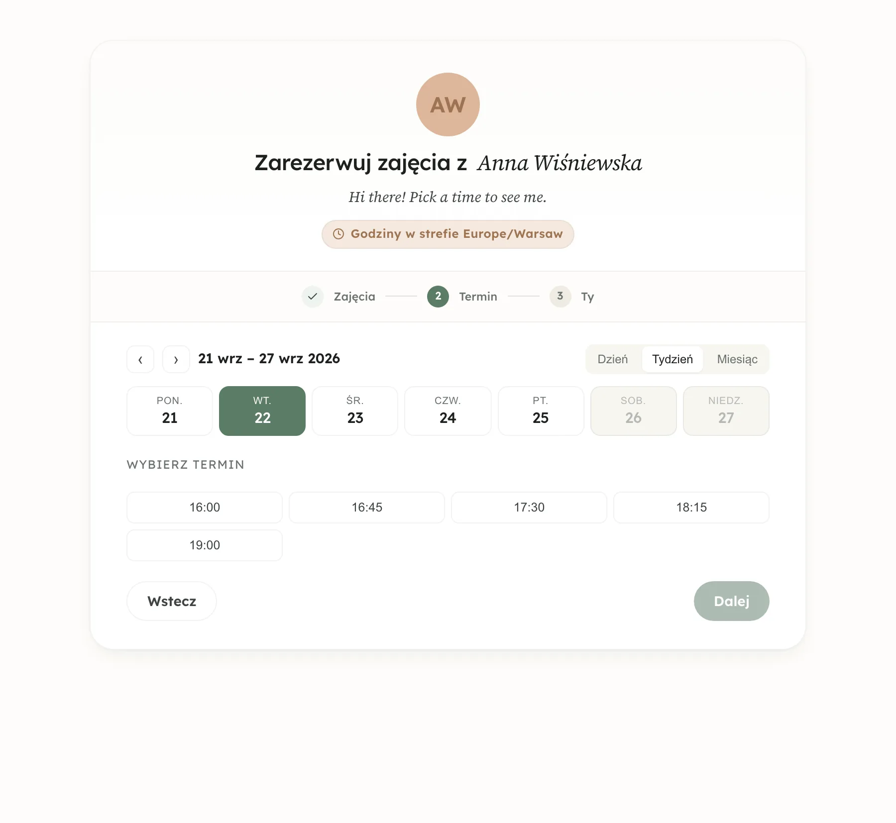 Publiczna strona zapisów: uczeń wybiera termin i zostawia e-mail, bez rejestracji