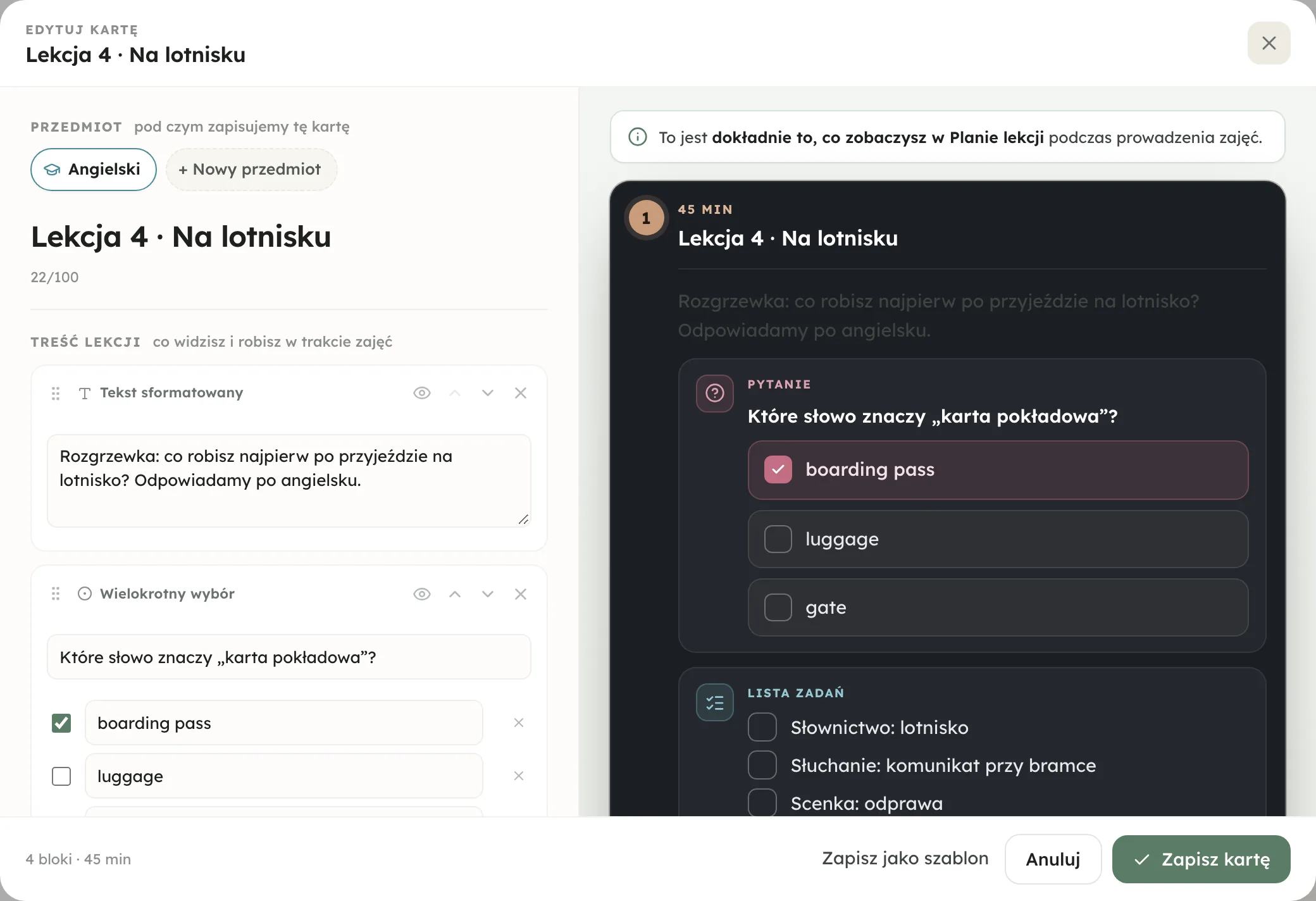 Edytor karty: karta lekcji złożona z bloków (tekst, pytanie z odpowiedziami, lista kontrolna, minutnik)