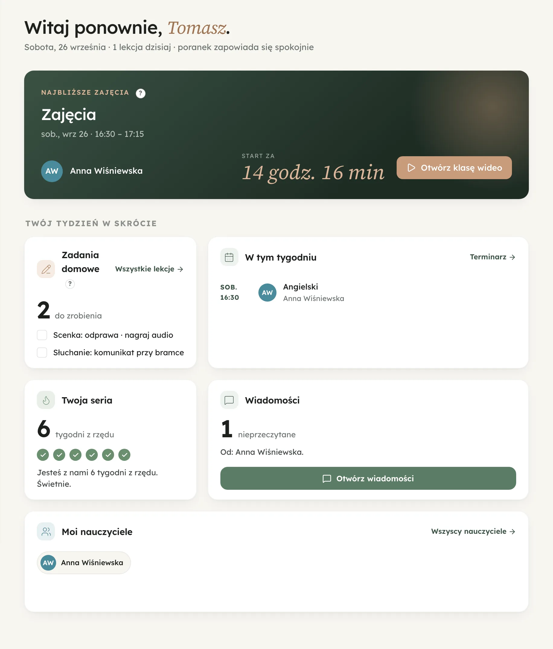 Przestrzeń ucznia: zajęcia w tym tygodniu z przyciskiem wejścia, otwarte zadania domowe, seria tygodni z rzędu, nieprzeczytane wiadomości od nauczyciela i jego nauczyciele